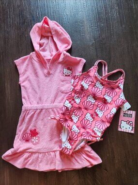Hello Kitty Girls 2T 2-Piece Swim Set Pink/White Hooded Cover-Up + Swimsuit